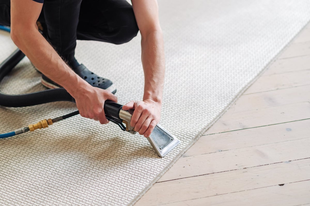 Close-up of a washing vacuum cleaning a stained carpet